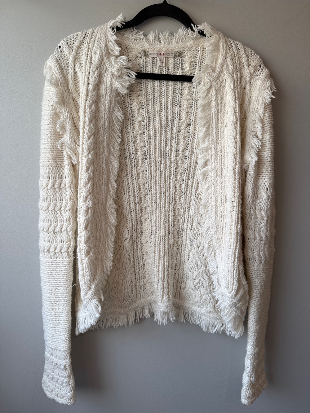 Chelsea & Violet Cream Fringe Open-Front Knit Cardigan great basic cotton Medium